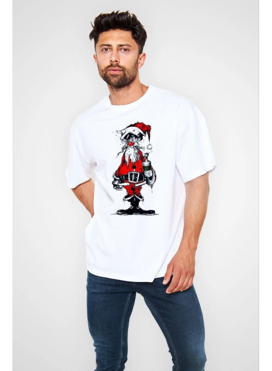 Erkek Kısa Kol Tişört Bisiklet Yaka Yeni Yıl Baskılı T-Shirt - Beyaz Erkek Kısa Kol Tişört Bisiklet Yaka Yeni Yıl Baskılı T-Shirt - Beyaz