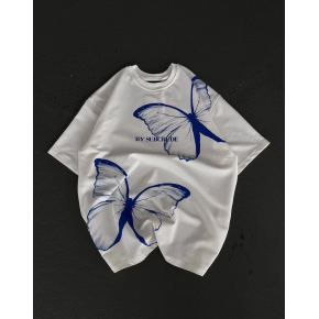 kadın  Bisiklet Yaka Baskılı Oversize T-Shirt - Beyaz
