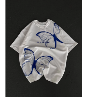 kadın  Bisiklet Yaka Baskılı Oversize T-Shirt - Beyaz