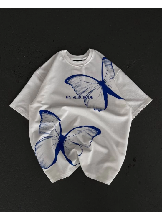 kadın  Bisiklet Yaka Baskılı Oversize T-Shirt - Beyaz