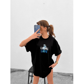 Kadın Tişort Bisiklet Yaka Baskılı Kısa kol Oversize T-Shirt - Siyah