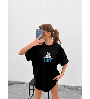 Kadın Tişort Bisiklet Yaka Baskılı Kısa kol Oversize T-Shirt - Siyah