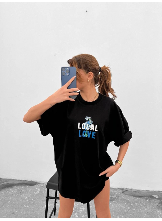 Kadın Tişort Bisiklet Yaka Baskılı Kısa kol Oversize T-Shirt - Siyah Kadın Tişort Bisiklet Yaka Baskılı Kısa kol Oversize T-Shirt - Siyah