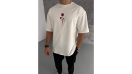 Erkek Kısa Kol Tişört Bisiklet Yaka GÜL Baskılı Oversize T-Shirt - Beyaz