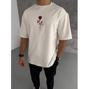 Erkek Kısa Kol Tişört Bisiklet Yaka GÜL Baskılı Oversize T-Shirt - Beyaz