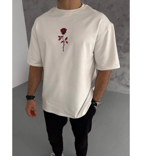 Erkek Kısa Kol Tişört Bisiklet Yaka GÜL Baskılı Oversize T-Shirt - Beyaz