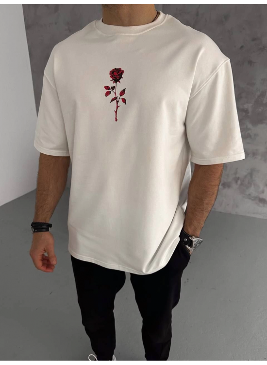 Erkek Kısa Kol Tişört Bisiklet Yaka GÜL Baskılı Oversize T-Shirt - Beyaz