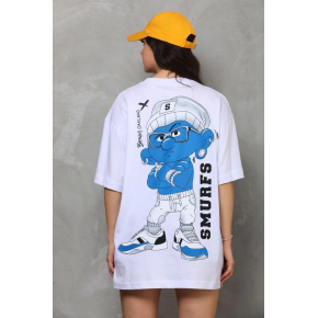 kadın Bisiklet Yaka Baskılı Oversize T-Shirt - Beyaz
