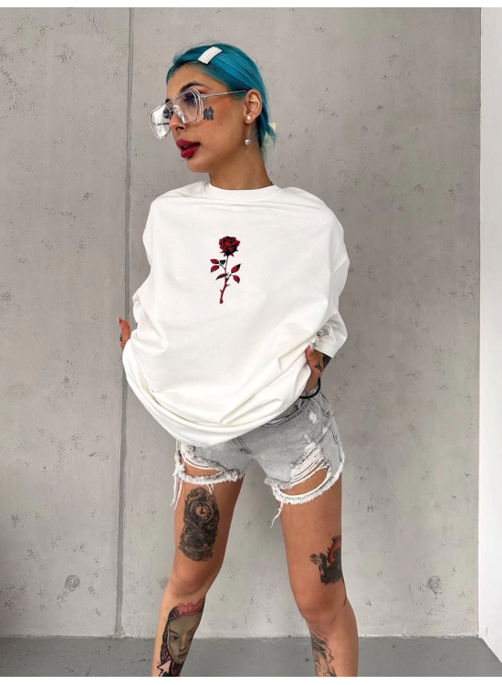 kadın Bisiklet Yaka Baskılı Oversize Kısa kol T-Shirt - Beyaz kadın Bisiklet Yaka Baskılı Oversize Kısa kol T-Shirt - Beyaz