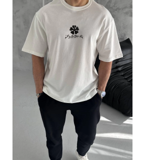 Erkek Kısa Kol Tişört Bisiklet Yaka YONCA Baskılı Oversize T-Shirt -  Beyaz