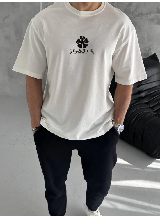 Erkek Kısa Kol Tişört Bisiklet Yaka YONCA Baskılı Oversize T-Shirt - Beyaz Erkek Kısa Kol Tişört Bisiklet Yaka YONCA Baskılı Oversize T-Shirt - Beyaz