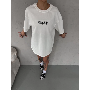 Kadın Kısa Kol Yazlık Tişört Bisiklet Yaka Baskılı Oversize T-Shirt - Beyaz