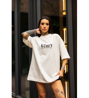 kadın Bisiklet Yaka Baskılı Oversize  Kısa kol T-Shirt - Beyaz