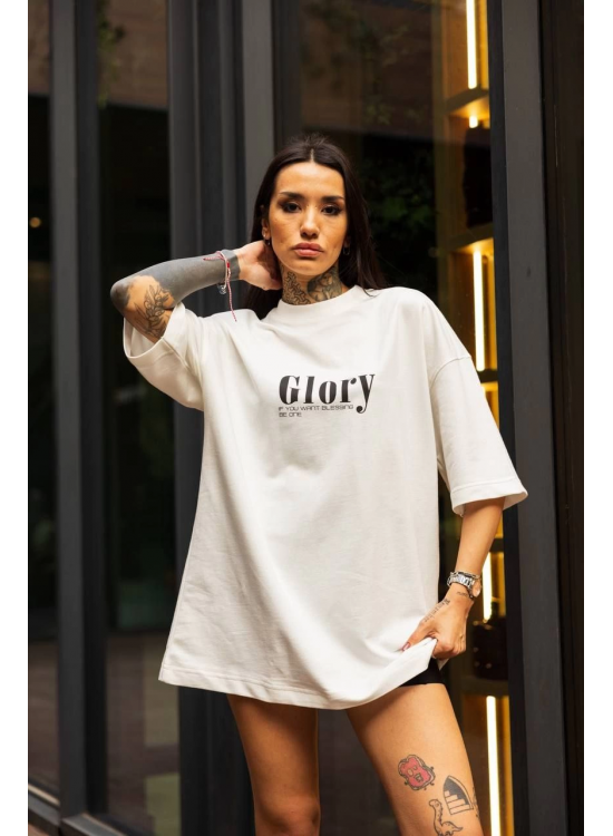 kadın Bisiklet Yaka Baskılı Oversize Kısa kol T-Shirt - Beyaz kadın Bisiklet Yaka Baskılı Oversize Kısa kol T-Shirt - Beyaz