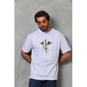 Erkek Baskılı T-Shirt Kısa Kol Bisiklet Yaka Regular Fit Rahat Kalıp Tişört -  Beyaz