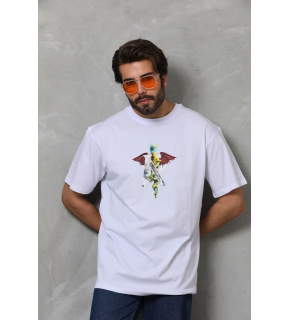 Erkek Baskılı T-Shirt Kısa Kol Bisiklet Yaka Regular Fit Rahat Kalıp Tişört -  Beyaz