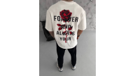 Erkek Kısa Kol Tişört Bisiklet Yaka GÜL Baskılı Oversize T-Shirt - Beyaz