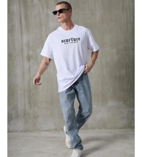 Erkek Kısa Kol Yazlık Tişört Bisiklet Yaka Baskılı Oversize T-Shirt - Beyaz