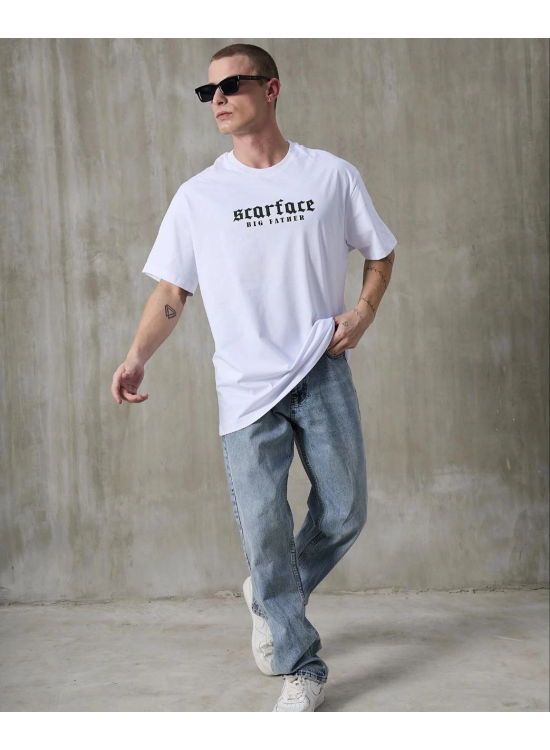 Erkek Kısa Kol Yazlık Tişört Bisiklet Yaka Baskılı Oversize T-Shirt - Beyaz