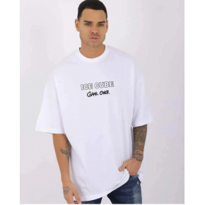 Erkek Kısa Kol Yazlık Tişört Bisiklet Yaka Baskılı Oversize T-Shirt - Beyaz