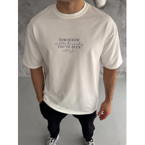 Erkek Kısa Kol Yazlık Tişört Bisiklet Yaka Baskılı Oversize T-Shirt - Beyaz