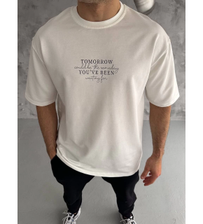 Erkek Kısa Kol Yazlık Tişört Bisiklet Yaka Baskılı Oversize T-Shirt - Beyaz