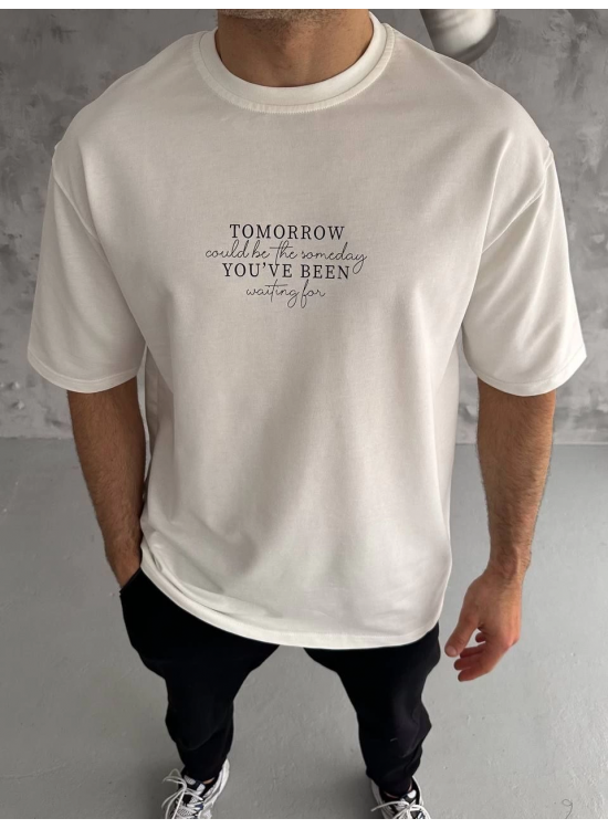 Erkek Kısa Kol Yazlık Tişört Bisiklet Yaka Baskılı Oversize T-Shirt - Beyaz Erkek Kısa Kol Yazlık Tişört Bisiklet Yaka Baskılı Oversize T-Shirt - Beyaz