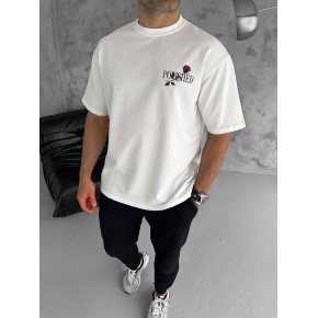 Erkek Kısa Kol Yazlık Tişört Bisiklet Yaka Baskılı Oversize T-Shirt - Beyaz