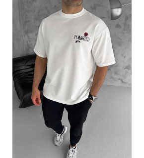 Erkek Kısa Kol Yazlık Tişört Bisiklet Yaka Baskılı Oversize T-Shirt - Beyaz