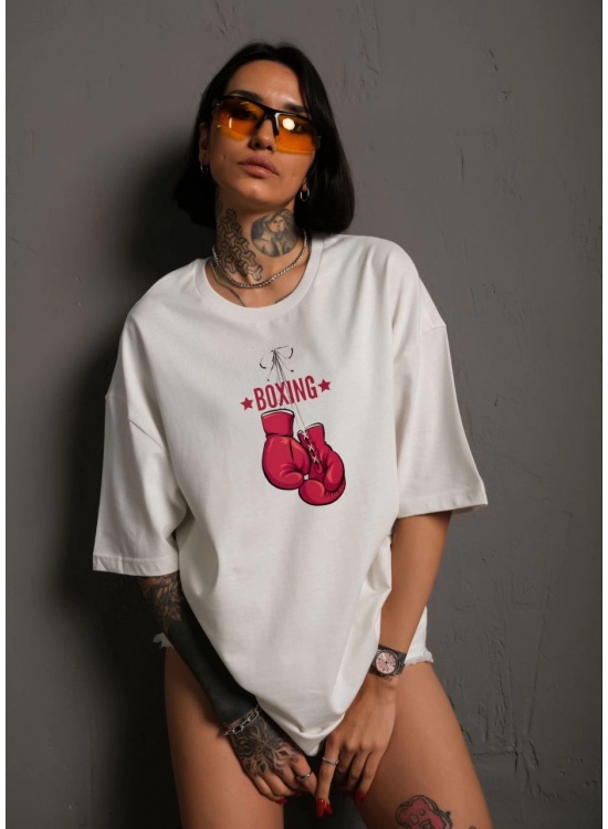kadın Bisiklet Yaka Boks Eldiven Baskılı Oversize T-Shirt - Beyaz kadın Bisiklet Yaka Boks Eldiven Baskılı Oversize T-Shirt - Beyaz