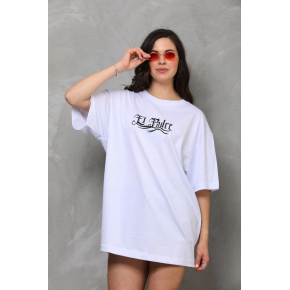 Kadın Kısa Kol Yazlık Tişört Bisiklet Yaka Baskılı Oversize T-Shirt - Beyaz