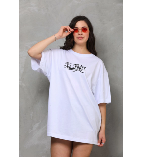 Kadın Kısa Kol Yazlık Tişört Bisiklet Yaka Baskılı Oversize T-Shirt - Beyaz