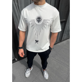 Erkek Kısa Kol Tişört Bisiklet Yaka GÜL Baskılı Oversize T-Shirt - Beyaz