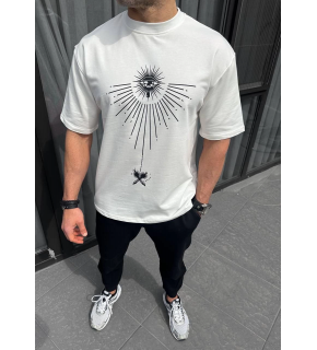 Erkek Kısa Kol Tişört Bisiklet Yaka GÜL Baskılı Oversize T-Shirt - Beyaz