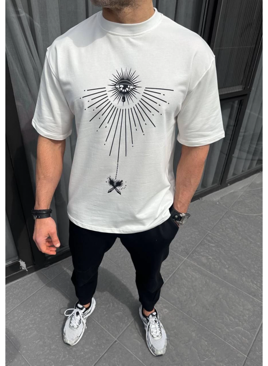Erkek Kısa Kol Tişört Bisiklet Yaka GÜL Baskılı Oversize T-Shirt - Beyaz