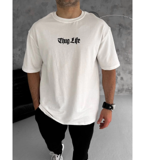 Erkek Kısa Kol Yazlık Tişört Bisiklet Yaka Baskılı Oversize T-Shirt - Beyaz