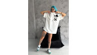 kadın Bisiklet Yaka Baskılı Oversize Kısa kol T-Shirt - Beyaz kadın Bisiklet Yaka Baskılı Oversize Kısa kol T-Shirt - Beyaz