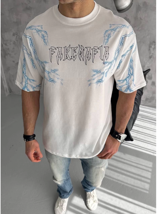 Erkek Bisiklet Yaka Yıldırım Baskılı Kısa kol T-Shirt - Beyaz Erkek Bisiklet Yaka Yıldırım Baskılı Kısa kol T-Shirt - Beyaz