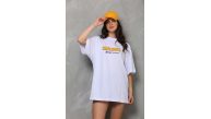 kadın Bisiklet Yaka Baskılı Oversize T-Shirt - Beyaz kadın Bisiklet Yaka Baskılı Oversize T-Shirt - Beyaz