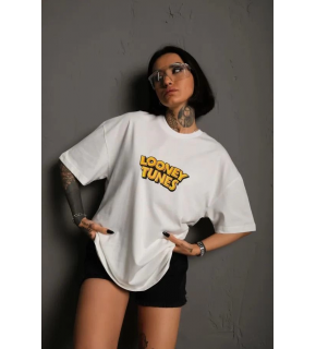 kadın Bisiklet Yaka Baskılı Oversize Kısa kol  T-Shirt - Beyaz