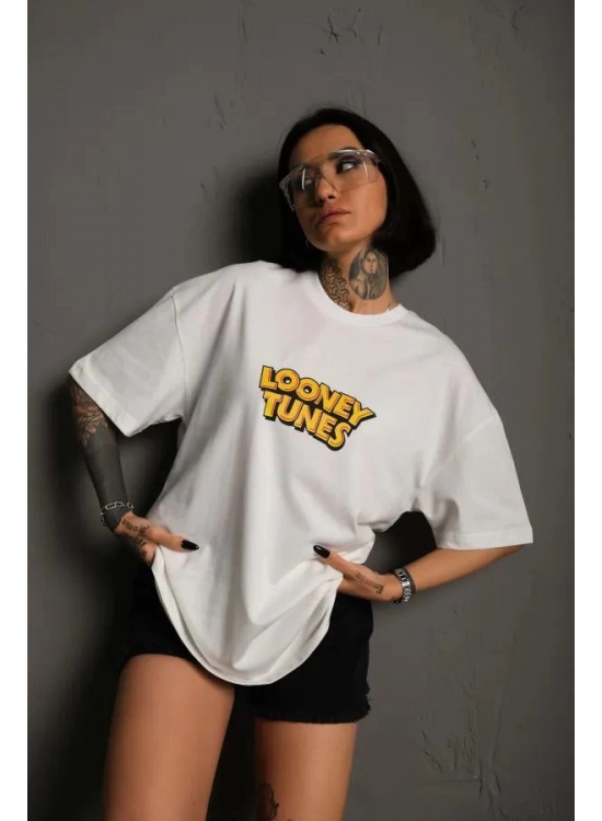 kadın Bisiklet Yaka Baskılı Oversize Kısa kol T-Shirt - Beyaz kadın Bisiklet Yaka Baskılı Oversize Kısa kol T-Shirt - Beyaz