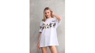 kadın Bisiklet Yaka Baskılı Oversize T-Shirt - Beyaz kadın Bisiklet Yaka Baskılı Oversize T-Shirt - Beyaz