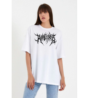 Kadın Baskılı T-Shirt Kısa Kol Bisiklet Yaka Oversize Rahat Kalıp Günlük Tişört   - Beyaz