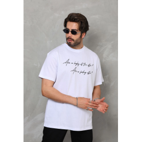 Erkek Kısa Kol Yazlık Tişört Bisiklet Yaka Baskılı Oversize T-Shirt - Beyaz