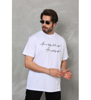 Erkek Kısa Kol Yazlık Tişört Bisiklet Yaka Baskılı Oversize T-Shirt - Beyaz