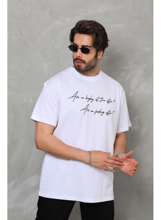 Erkek Kısa Kol Yazlık Tişört Bisiklet Yaka Baskılı Oversize T-Shirt - Beyaz Erkek Kısa Kol Yazlık Tişört Bisiklet Yaka Baskılı Oversize T-Shirt - Beyaz