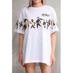 kadın Bisiklet Yaka Baskılı Oversize T-Shirt - Beyaz
