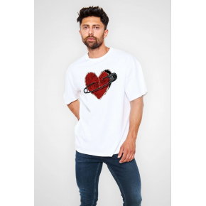 Erkek Kısa Kol Tişört Bisiklet Yaka KALP Baskılı Oversize T-Shirt - Beyaz