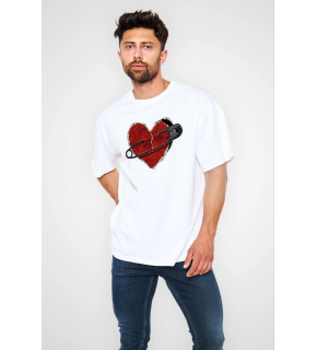 Erkek Kısa Kol Tişört Bisiklet Yaka KALP Baskılı Oversize T-Shirt - Beyaz