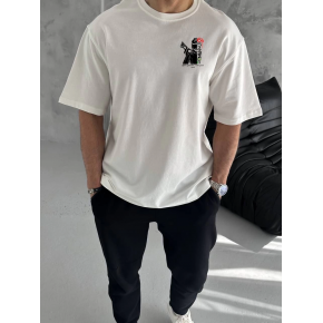 Erkek Kısa Kol Yazlık Tişört Bisiklet Yaka Baskılı Oversize T-Shirt - Beyaz